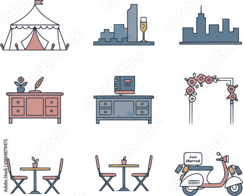 Professional micro-wedding and elopement icons. Flat vector set featuring intimate venue, floral arch, and registry desk. High-quality champagne and rose graphics isolated on white.