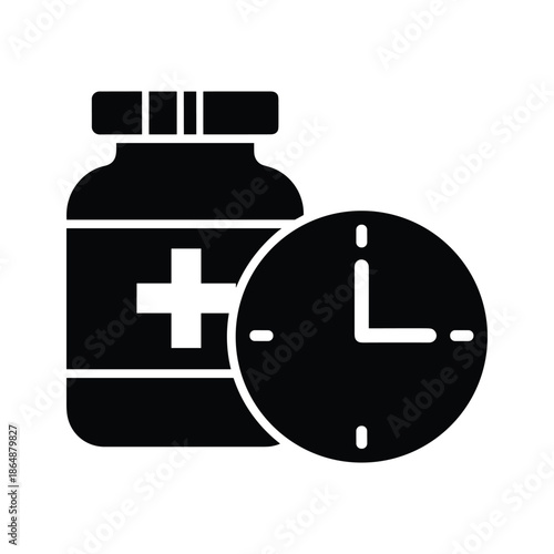 Medicine bottle with clock symbolizing timely medication