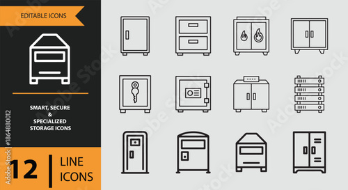 Collection of 12 editable line icons representing various smart, secure, and specialized storage