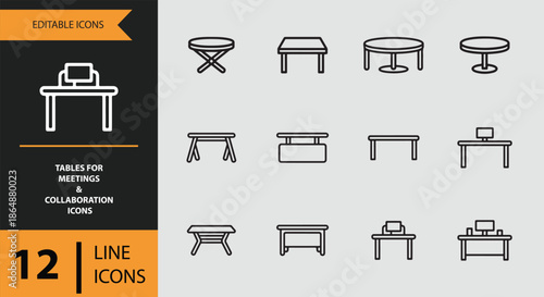 A diverse collection of 12 line icons featuring tables for meetings and collaboration