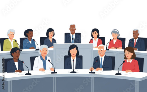 Diverse Professional Panel Discussion in Modern Conference Room Illustration