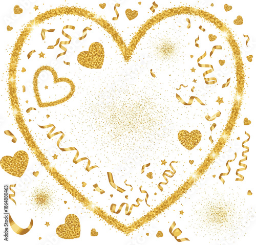 Isolated a kinds of deferent Heart of gold sparkles glitter dust metallic confetti vector background. Golden sparkling heart frame. Gold stardust texture tinsel confetti. vector art.