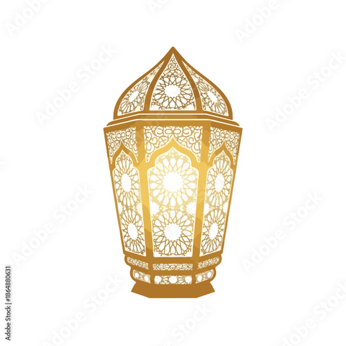 Glam gold lantern with intricate Islamic design in silhouette against a clean white background.