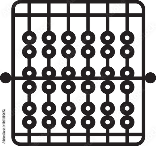 Simple black outline of ancient calculating tool with beads on rods for math