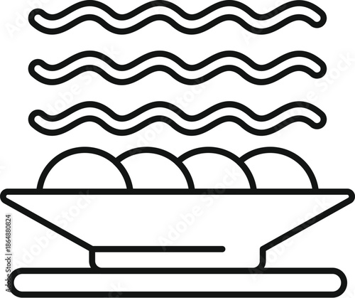 Bowl presenting hot food like dumplings, releasing steam, in a simple line art style