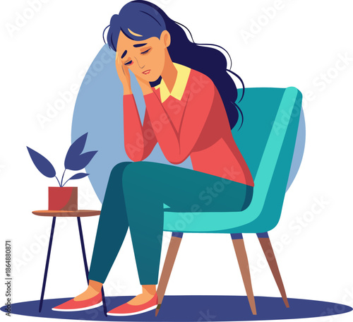 Sad, unhappy woman on chair covered her face with her hand. Professional burnout syndrome. Vector flat style cartoon illustration stock illustration