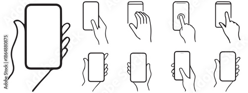 Smartphone in Hand Icons – Touchscreen Gesture and Mobile Device Outline .