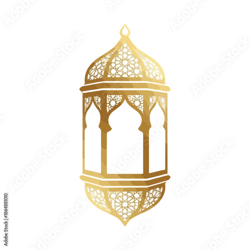 A gold lantern with intricate Islamic design and a pointed finial, depicted in silhouette against a clean white background with glam gold details.