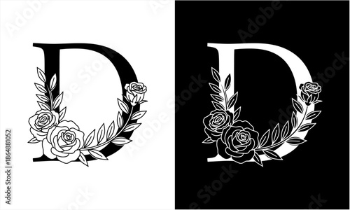 Elegant Floral Letter D Monogram Design with Roses and Leaves.