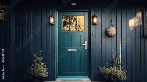 A teal back door with a recessed rectangular glass panel 