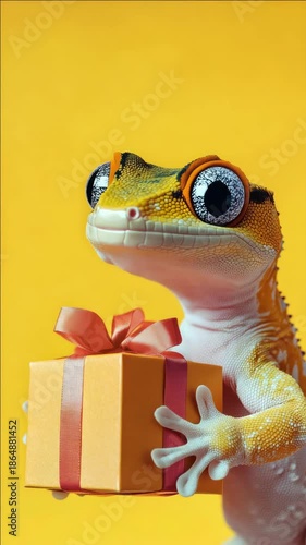 A small lizard is holding a box with a red ribbon
