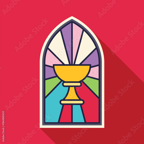 Stained glass window showing a golden chalice, symbolizing christianity, eucharist, and faith