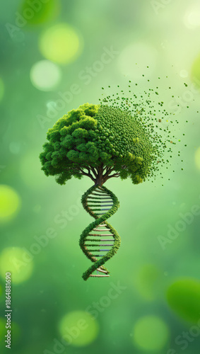 Conceptual Illustration of a Tree with a DNA Helix Trunk and Leafy Canopy, Symbolizing the Connection Between Genetics, Growth, and the Natural World