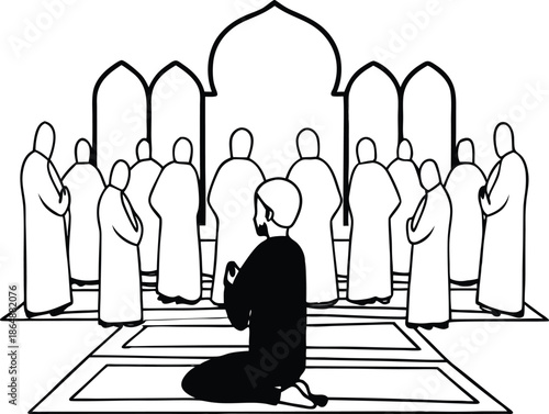 Muslim Man Silhouette Eid Prayer Congregation