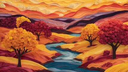 Crédence de cuisine Bordeaux A vibrant artistic depiction of an autumn landscape featuring a meandering river and colorful trees with paper-like textures  © sablengjago