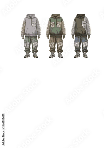 Lace Utility Hybrid Silhouette for Men's Fashion Trends 2026 and Soft Masculinity Streetwear Rugged Craft and Doily Aesthetic Concept Vector