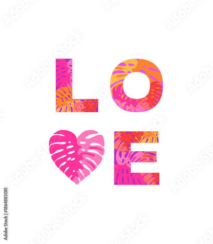 Love lettering fashion print collection. Part 1 with abstract pattern with monstera leaves for t-shirt, bag design, poster isolated on white