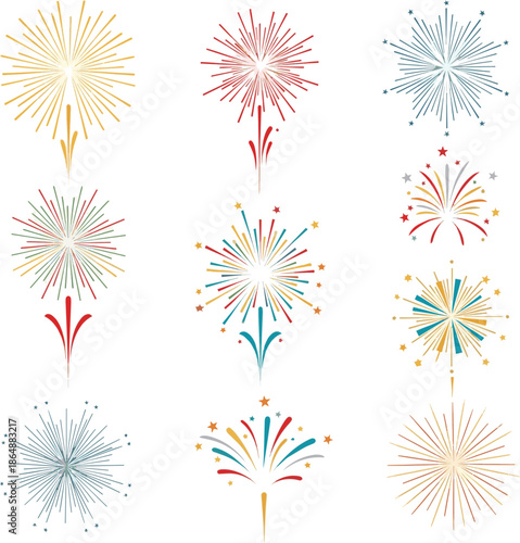 Isolated a kinds of deferent Modern simple exploding , firework clipart no background, icons vector illustration for Christmas, New year, Holiday, Birthday, Anniversary, Victory, Party vector art .