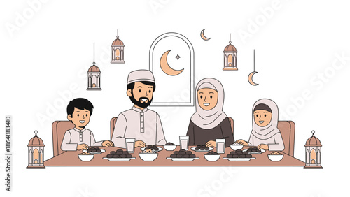 Flat vector illustration of a happy Muslim family sitting together at the dining table while breaking fast (iftar) during Ramadan.