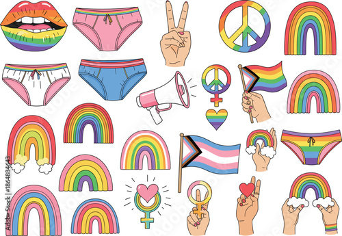 Pride rainbow LGBTQ icon set vector illustration with symbols flags hands underwear peace sign and colorful equality elements