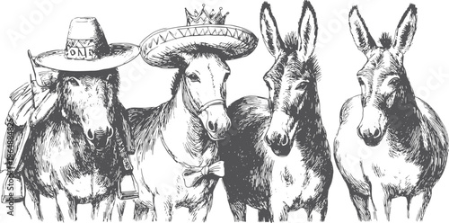 Vintage donkey characters wearing hats and bowties in a whimsical vector illustration set.