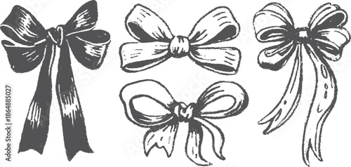 Set of ribbon bows in black hand-drawn style. Vintage vector illustration showcasing elegant designs and textures.