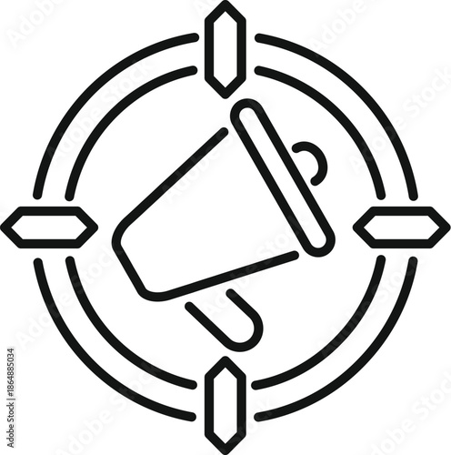 Megaphone inside target circle outlining advertising reach, aiming communication for audience