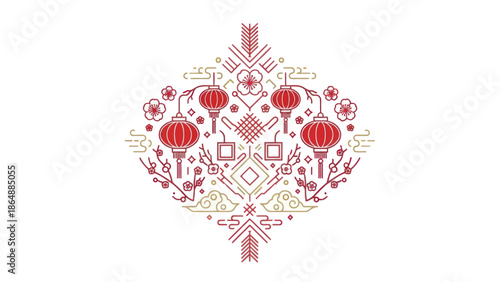 Chinese Lanterns Embroidered Fabric Design.