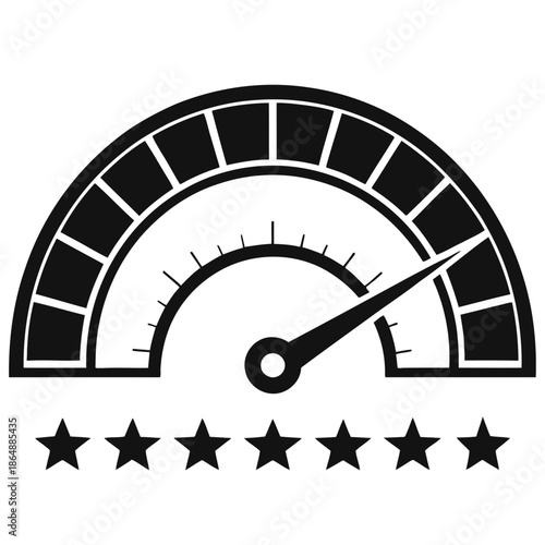 A graphic illustration of a speedometer gauge with five star ratings