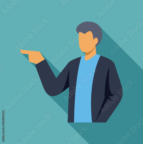 Man in flat design style presenting and pointing out with a long shadow