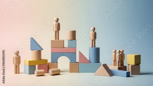 Strategic business success visualized wooden figures on colorful building blocks symbolize strong organizational foundations, effective team development, and collaborative growth