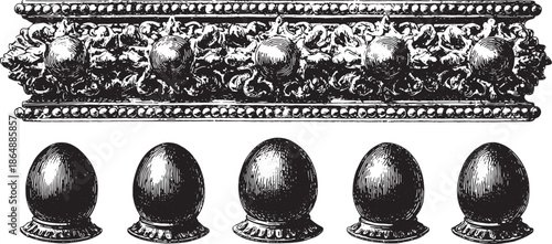 Decorative vintage ornament set featuring an elegant border with intricate carving details. Includes textured elements for a classic vector illustration.