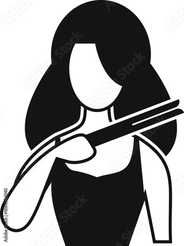 Woman styling her long hair with a hair straightener appliance in black and white