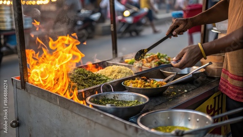 Close-up of hands preparing food on street cart, fire and motion