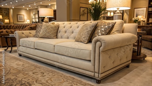 living room with a sofa, Close-up of premium sofa with cushions, warm interior lighting, home décor