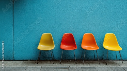 Vibrant Colorful Chairs Against a Bright Blue Wall in Modern Contemporary Setting for Design Inspiration and Stylish Interior Decor Ideas