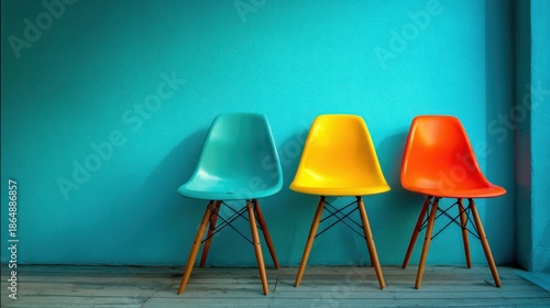 Vibrant Colorful Chairs Against a Bold Turquoise Wall in a Modern Minimalist Interior Design Setting for Stylish Living Spaces