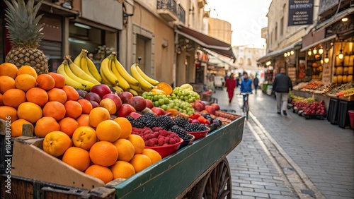 fruits and vegetables, Colorful fruits arranged on street cart, natural daylight, local market lifestyle