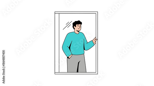 Young man standing confidently in front of a mirror with a relaxed pose and friendly expression