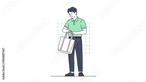 Young man shopping with a reusable tote bag dressed casually for a day out