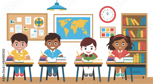Young students studying diligently in a colorful illustrated classroom with books and world map, education concept, learning environment, school life, knowledge, creativity, childhood, academic growth