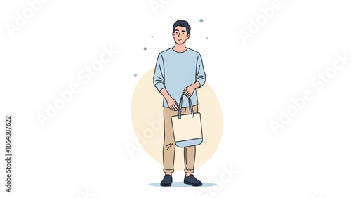 Young man standing casually holding a tote bag with a relaxed expression
