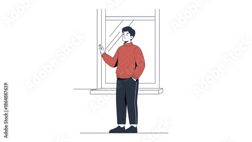 Young man standing by window with hand on glass in casual outfit minimalistic illustration
