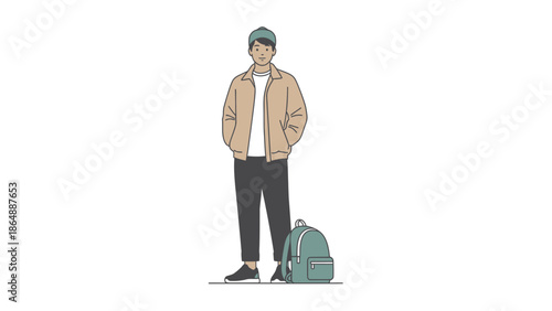 Casual young man with backpack standing confidently in a minimalistic style
