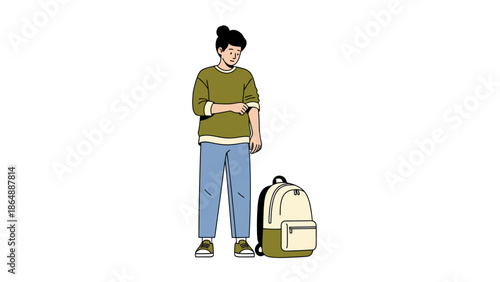 Young woman with backpack waiting and looking at her watch in casual attire