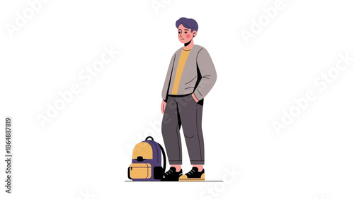 Casual young man with backpack standing confidently isolated on white background