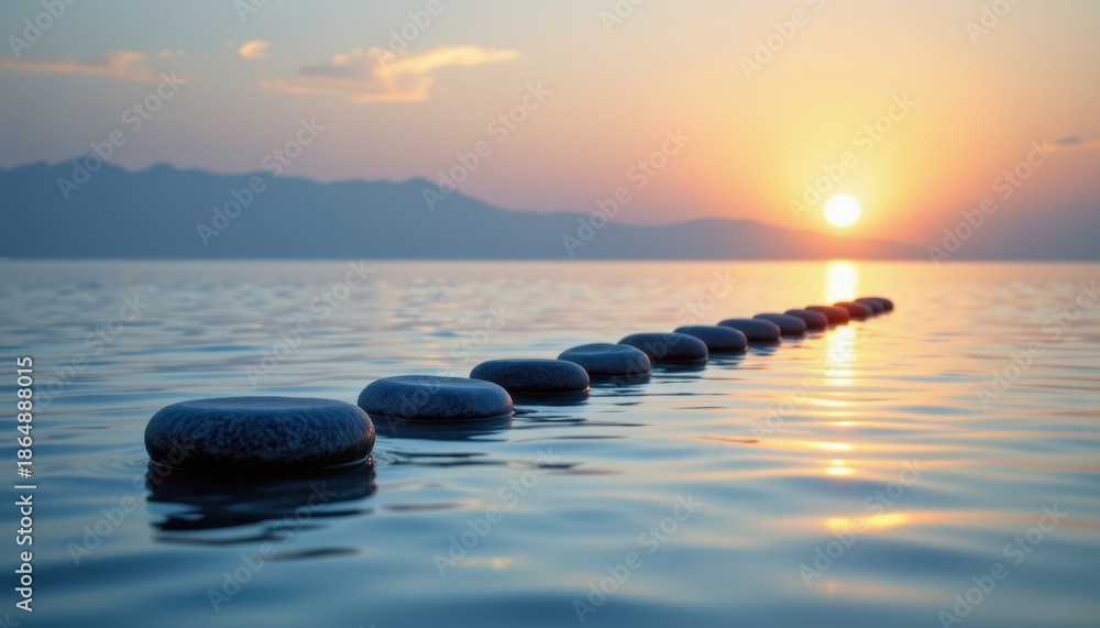 Naklejka premium Serene Sunset Over Tranquil Water with Aligned Stones Creating a Pathway to the Horizon