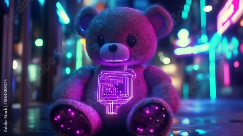 A teddy bear with glowing circuits in a neon-lit digital world 