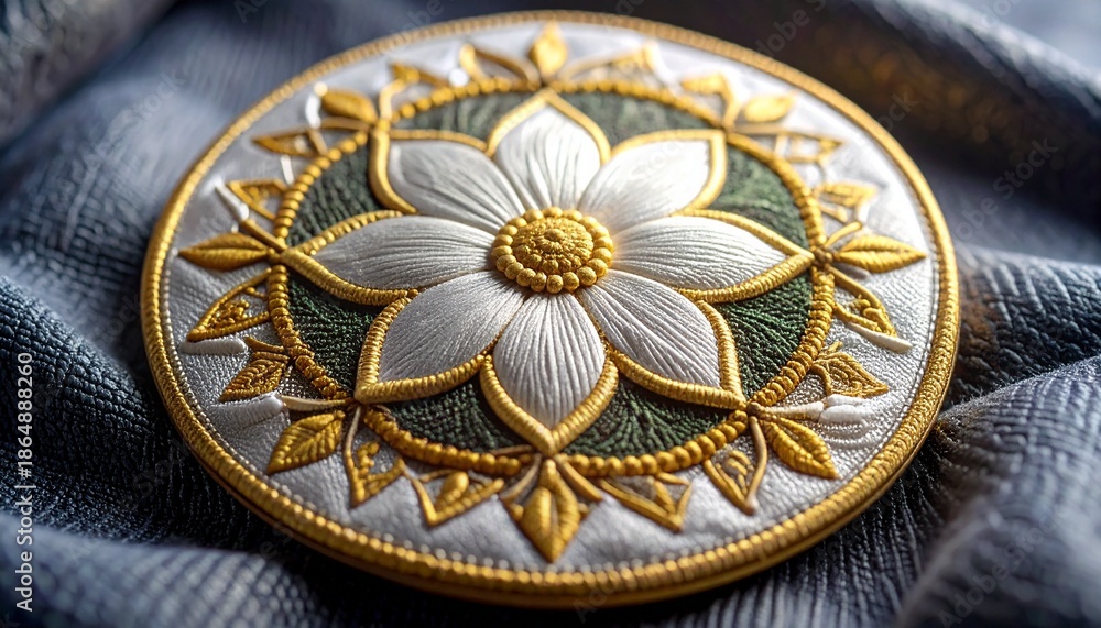 Obraz premium Exquisite luxury embroidery detail featuring a stylized white flower mandala patch with rich gold and dark green threadwork resting on a textured gray textile