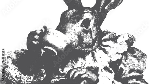 Vintage rabbit illustration in black and white. Detailed character design featuring a gentleman in robes with a teacup, vector artwork.
